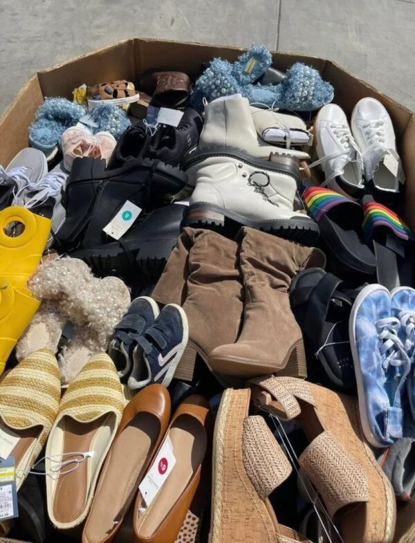Wholesale footwear liquidation pallet featuring assorted brand-name shoes, sneakers, casual footwear, and seasonal clearance shoes for resale.