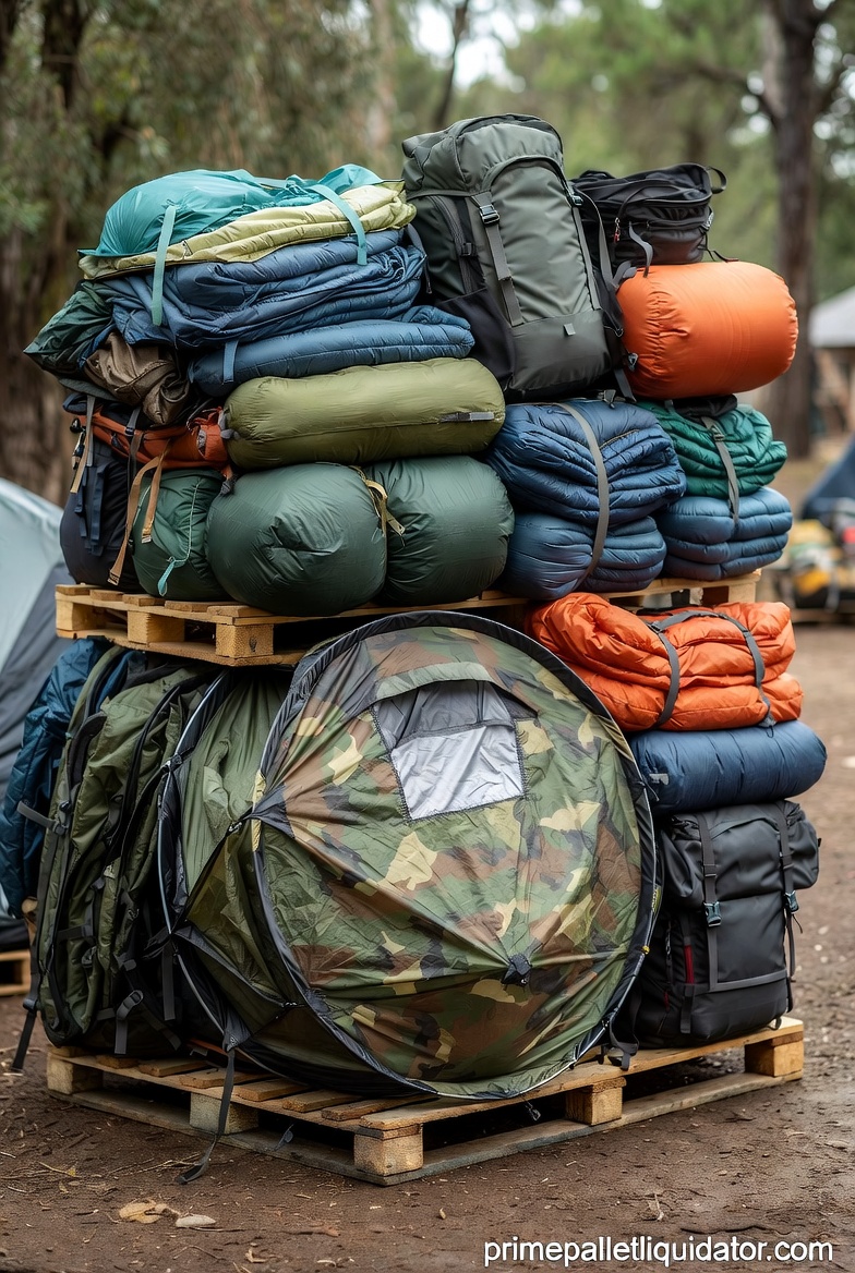 Camping gear pallet for sale with assorted camping equipment and outdoor merchandise
