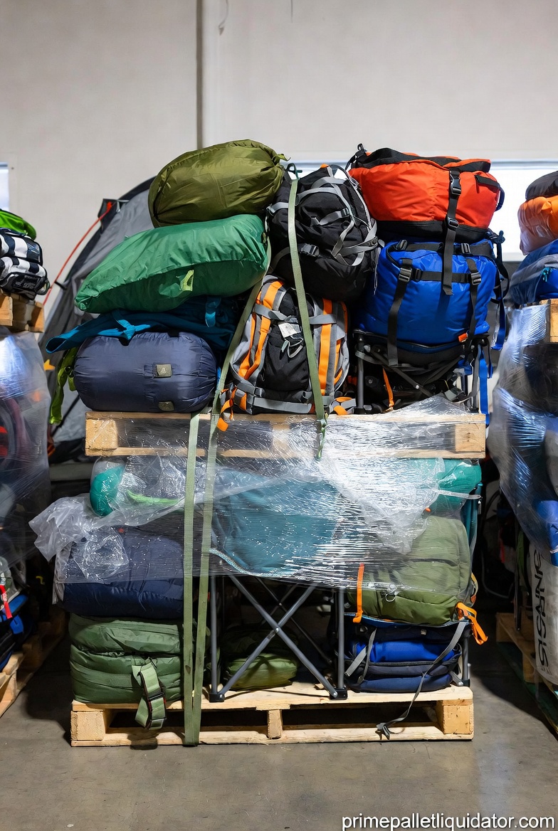 Camping gear pallet for sale with assorted camping equipment and outdoor merchandise