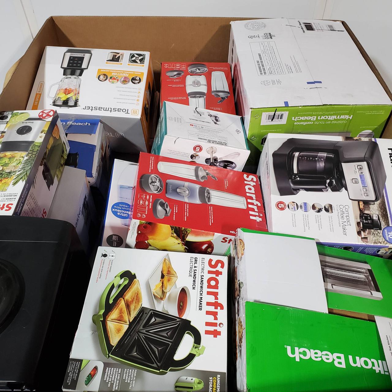 Assorted kitchen appliances including air fryers, blenders, coffee makers, toasters and electric kettles