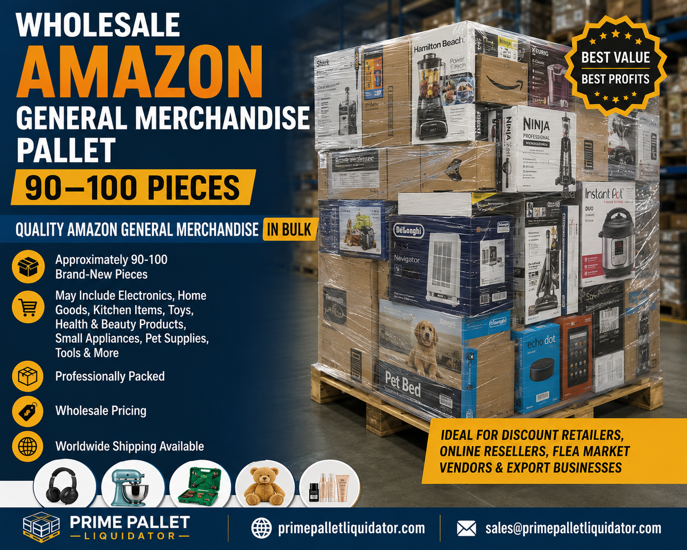 Wholesale Amazon general merchandise pallet containing 90 to 100 assorted pieces