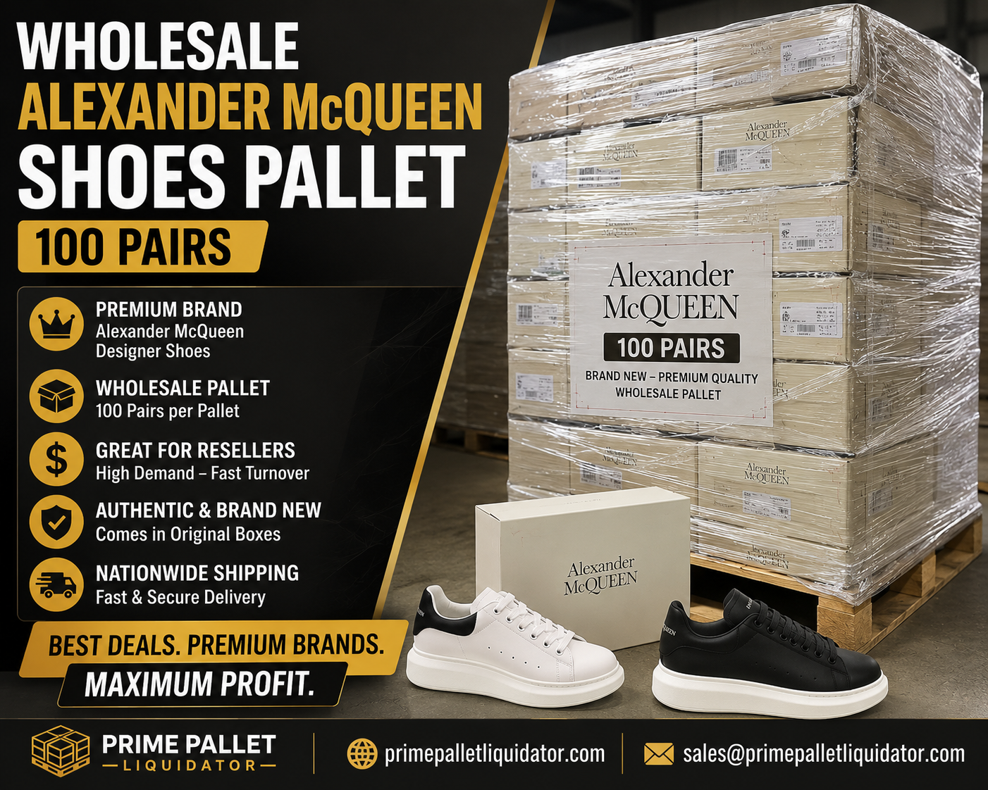 Wholesale Alexander McQueen shoes pallet containing 100 pairs of assorted designer footwear
