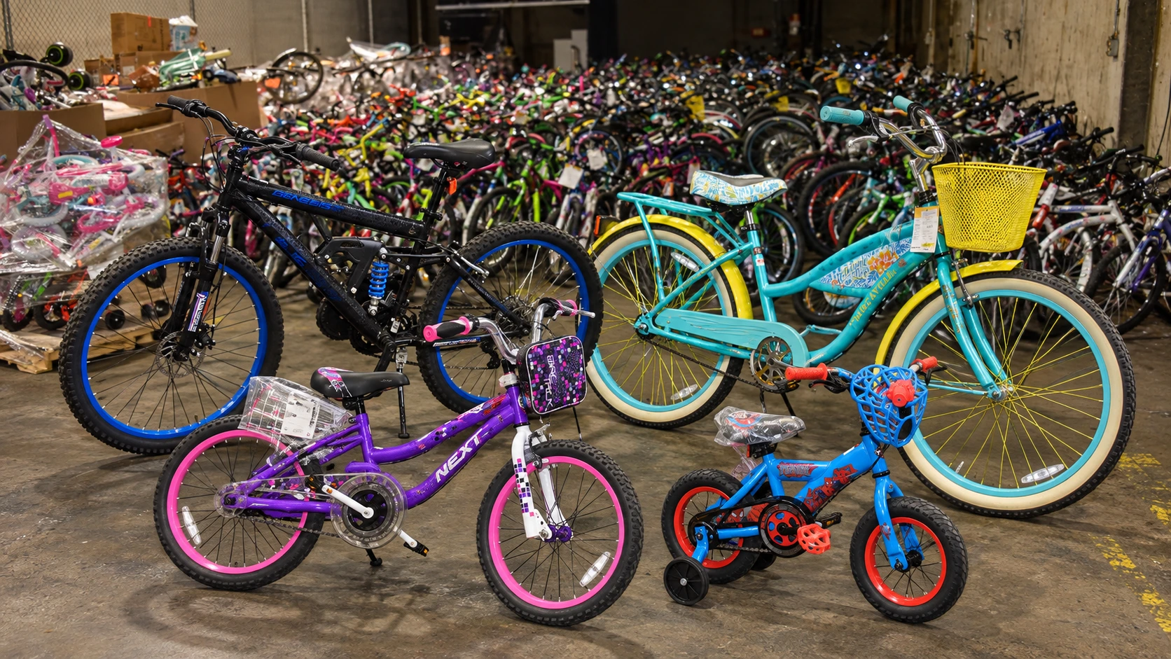 Bicycle liquidation pallet with 50 assorted bicycles and accessories for wholesale resale
