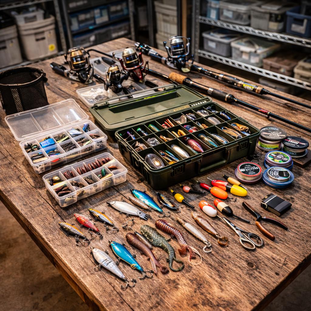 Assorted fishing tools liquidation pallet with rods, reels, tackle boxes, lures, and fishing accessories