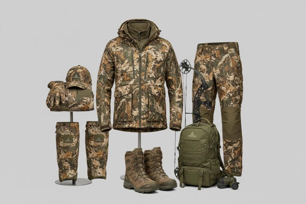 Wholesale hunting and outdoor accessories including headlamps, binoculars, gloves, and utility pouches