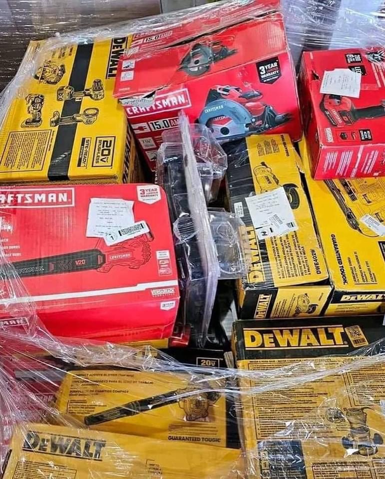 Explore mixed power tool liquidation pallets containing a potential assortment of drills, impact drivers, saws, grinders, sanders, batteries, chargers, and accessories. Actual products, brands, quantities, and condition vary by lot.