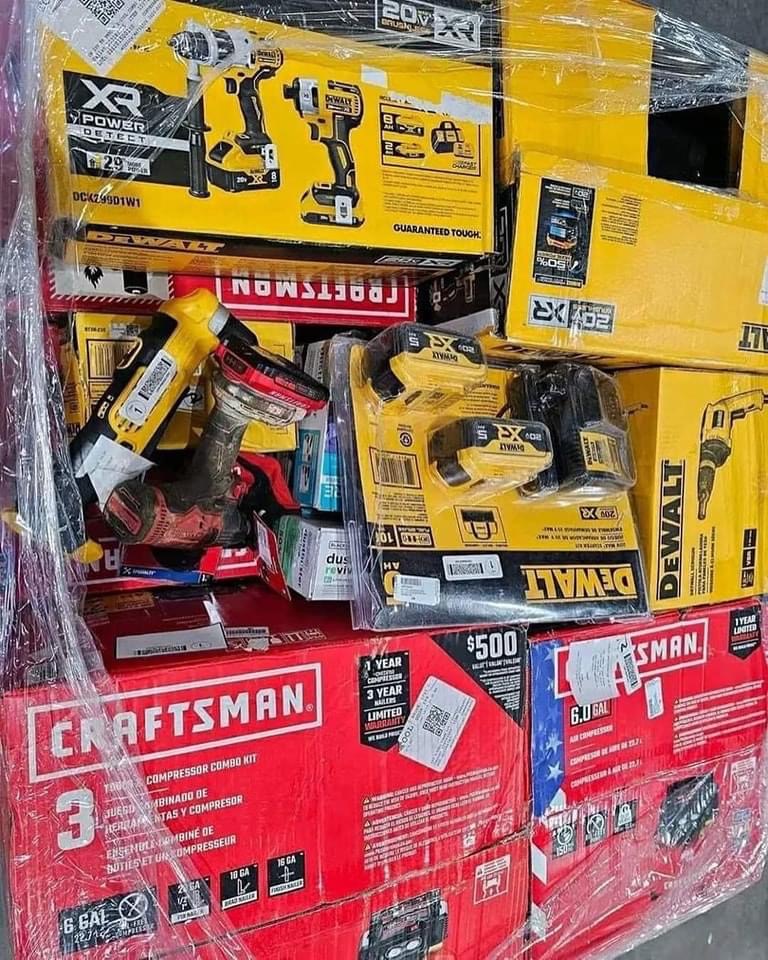 Explore mixed power tool liquidation pallets containing a potential assortment of drills, impact drivers, saws, grinders, sanders, batteries, chargers, and accessories. Actual products, brands, quantities, and condition vary by lot.