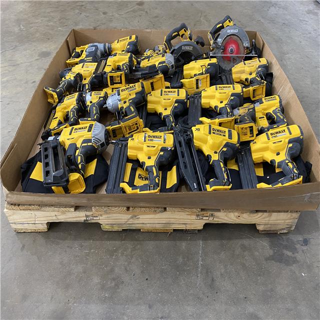 Assorted tool liquidation pallet with cordless drills, impact drivers, saws, grinders, and sanders