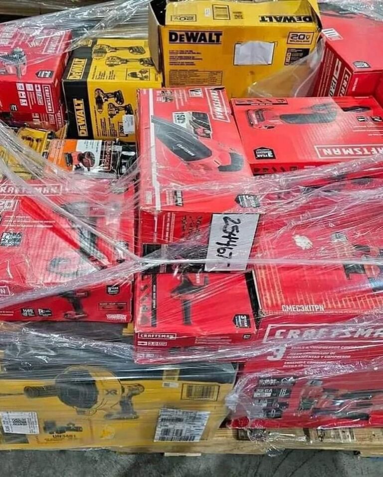 Explore mixed power tool liquidation pallets containing a potential assortment of drills, impact drivers, saws, grinders, sanders, batteries, chargers, and accessories. Actual products, brands, quantities, and condition vary by lot.