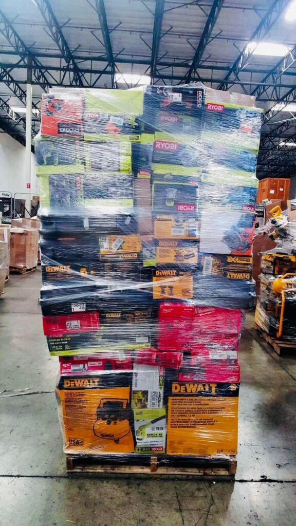 Explore mixed power tool liquidation pallets containing a potential assortment of drills, impact drivers, saws, grinders, sanders, batteries, chargers, and accessories. Actual products, brands, quantities, and condition vary by lot.