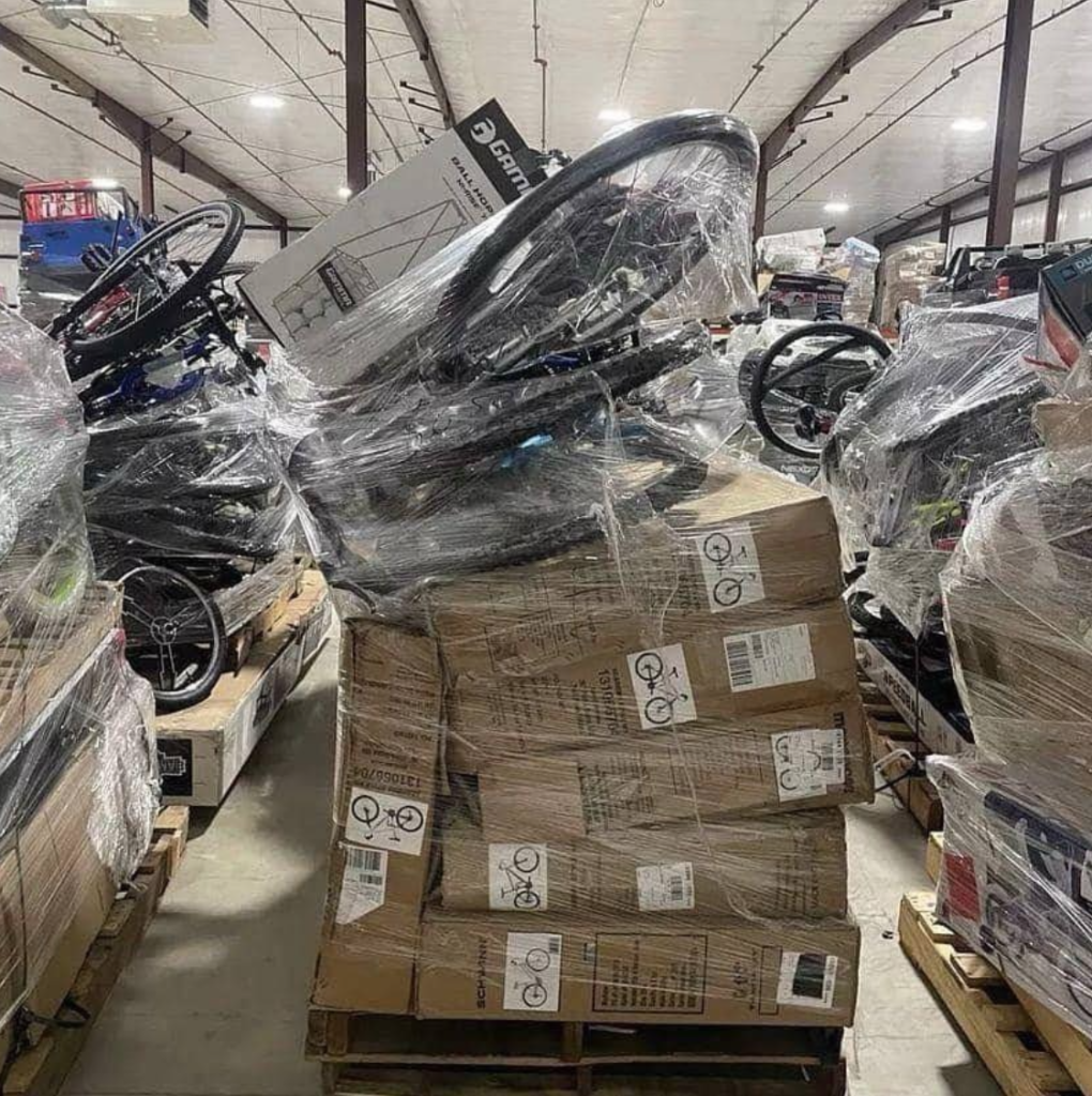 Bicycle liquidation pallet with 50 assorted bicycles and accessories for wholesale resale