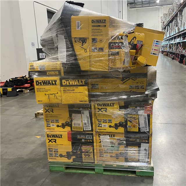 Mixed power tool liquidation pallet with cordless drills, impact drivers, saws, grinders, batteries, and accessories