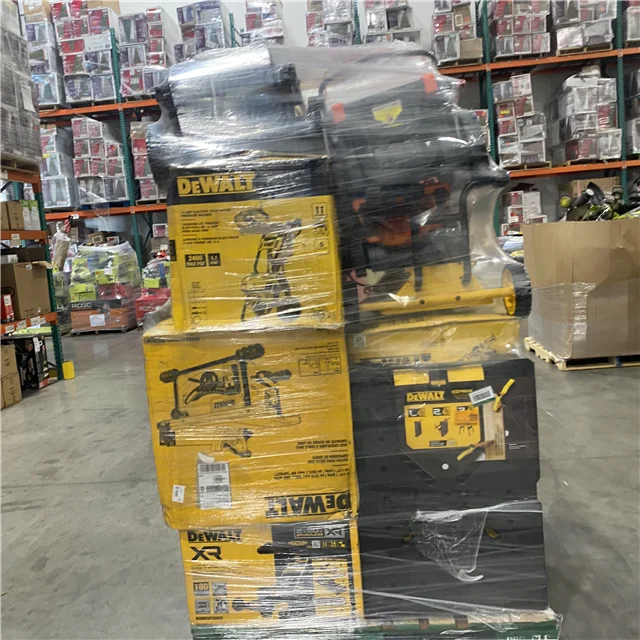 Mixed power tool liquidation pallet with cordless drills, impact drivers, saws, grinders, batteries, and accessories