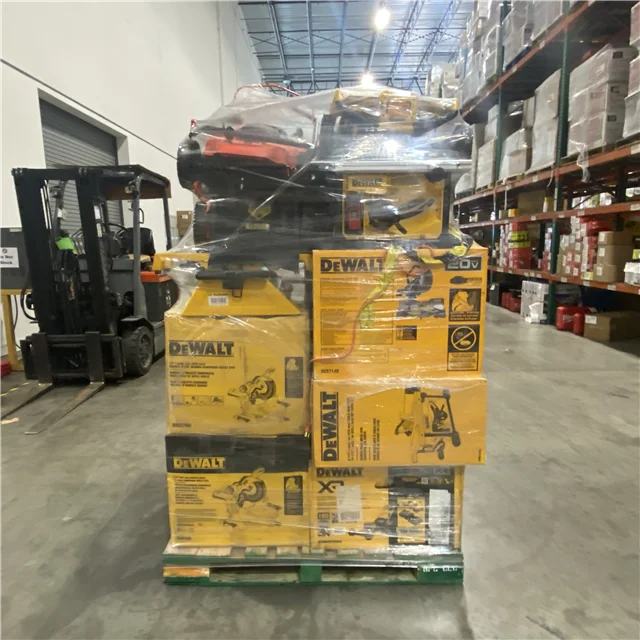 Mixed power tool liquidation pallet with cordless drills, impact drivers, saws, grinders, batteries, and accessories