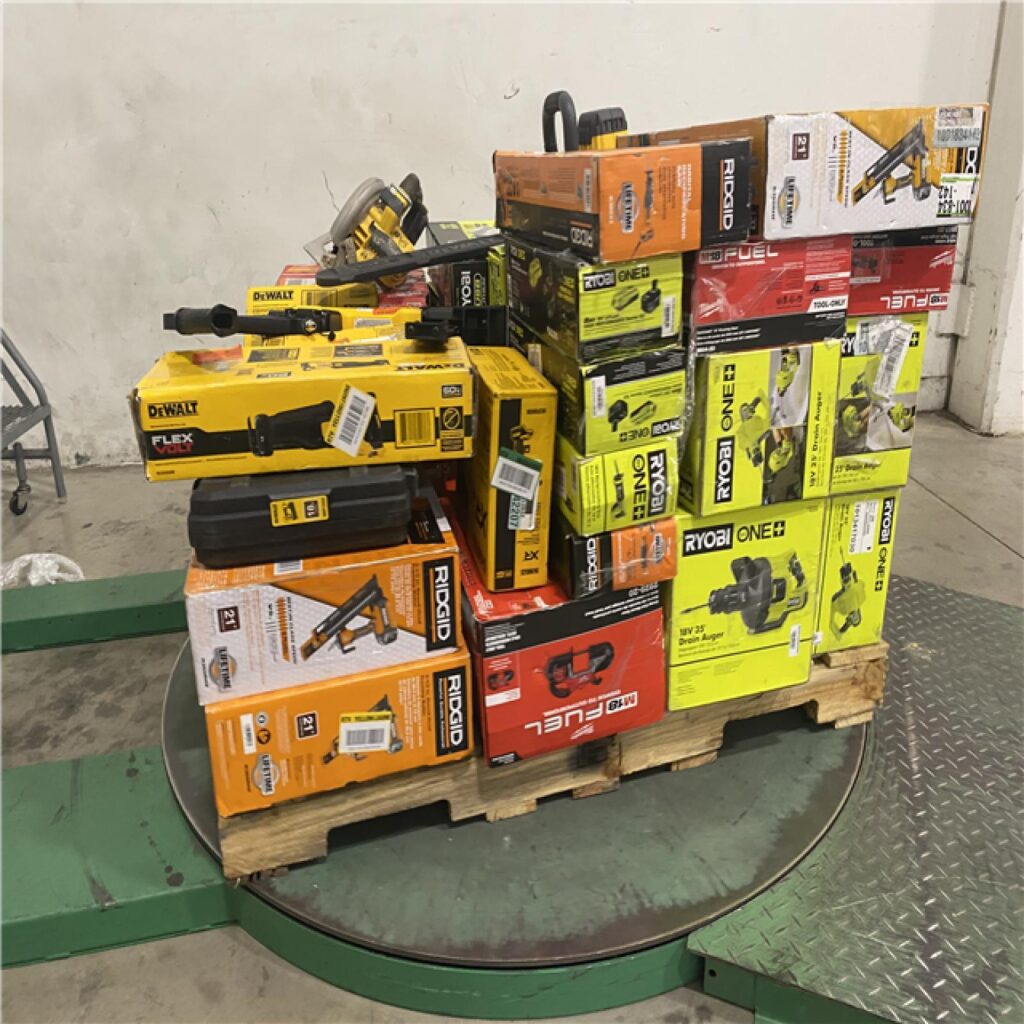 Mixed RIDGID and DEWALT tool liquidation pallet with cordless drills, impact drivers, saws, batteries, and chargers